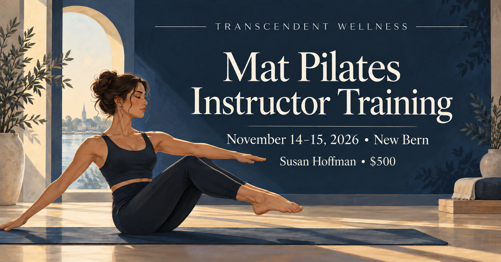 Blue and cream illustration for Mat Pilates Instructor Training with Susan Hoffman, November 14–15, 2026, in New Bern, tuition $500